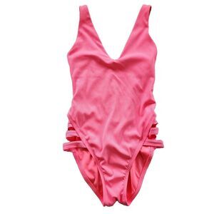 BECCA By Rebecca Virtue Coral Pink One Piece Ribbed Strappy Cut Out Swimsuit Med